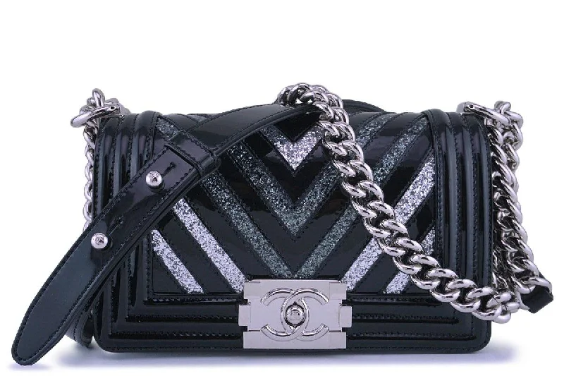 17K Chanel Black Glitter Chevron Patent Boy Flap Small Bag