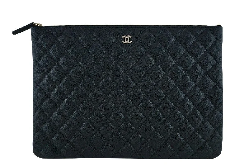 17S Chanel Black Caviar Classic Quilted O Case Clutch Purse Bag Large GHW