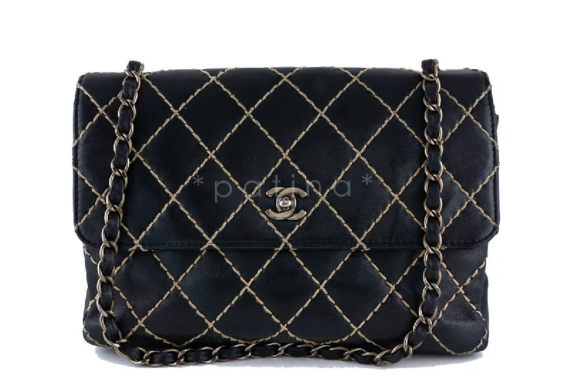 Chanel 12 in. Black Contrast Stitch Surpique Classic Jumbo Flap Bag