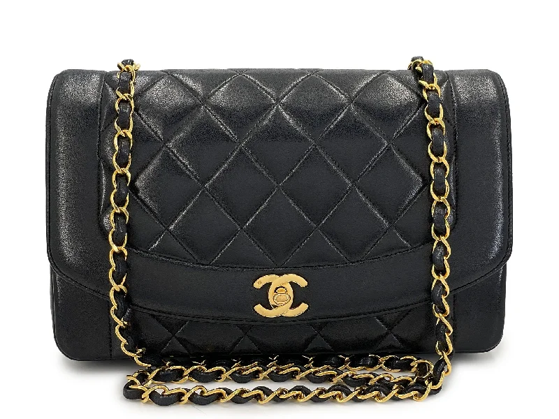 Chanel 1991 Vintage Black Lambskin Medium Diana Flap Bag 24k GHW F1D