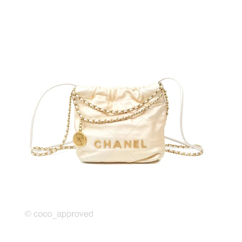 Chanel 22 Mini Bag Iridescent Light Pearly Calfskin Aged Gold Hardware