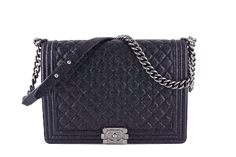 Chanel Black Caviar Boy Bag, Jumbo Large Classic Flap RHW