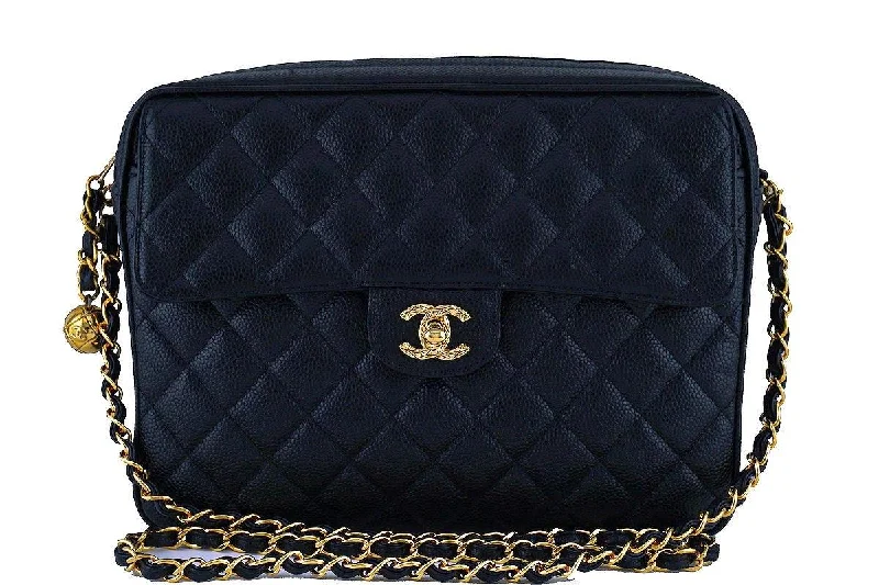 Chanel Black Caviar Classic Quilted Flap Camera Purse Bag