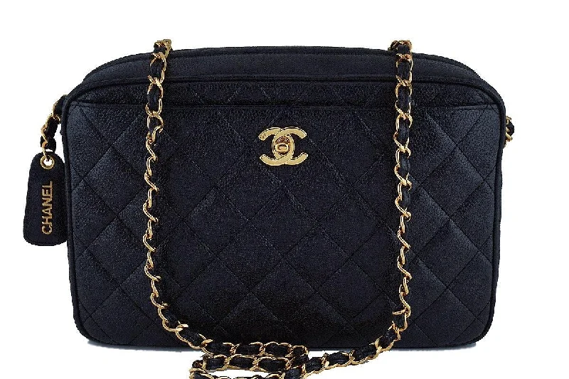 Chanel Black Caviar Quilted Classic Camera Case Clasp Pocket Bag