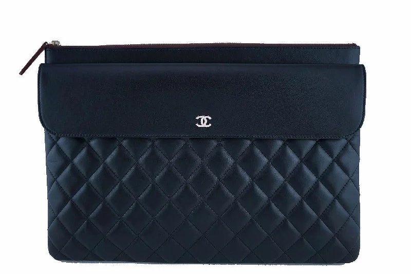 NWT Chanel Black Classic Quilted Large O Case Flap Clutch Purse Bag GHW