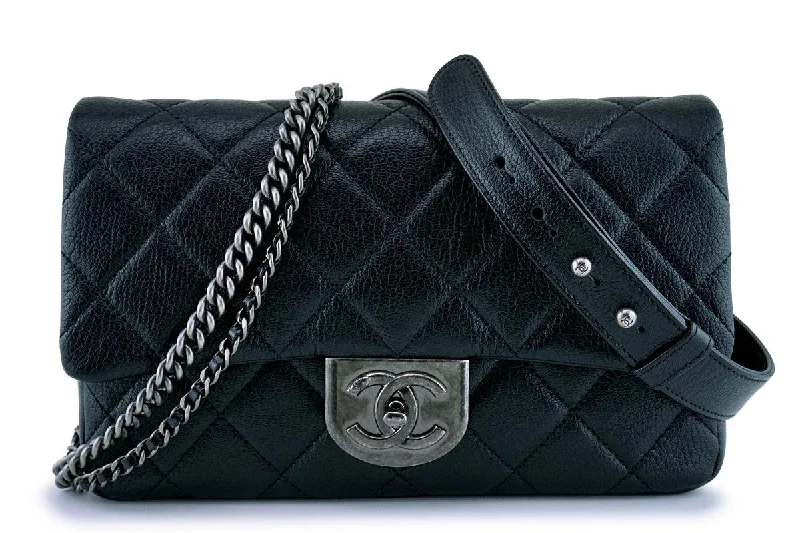 Chanel Black Grained Medium Double Carry Classic Flap Bag