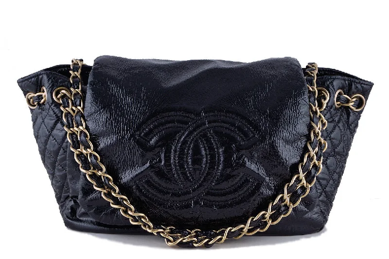 Chanel Black Jumbo Patent Rock & Chain Flap Bag