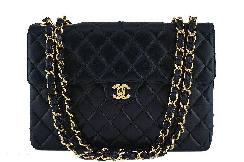 Chanel Black Lambskin Jumbo Quilted Classic 2.55 Flap Bag 24k Gold Plated