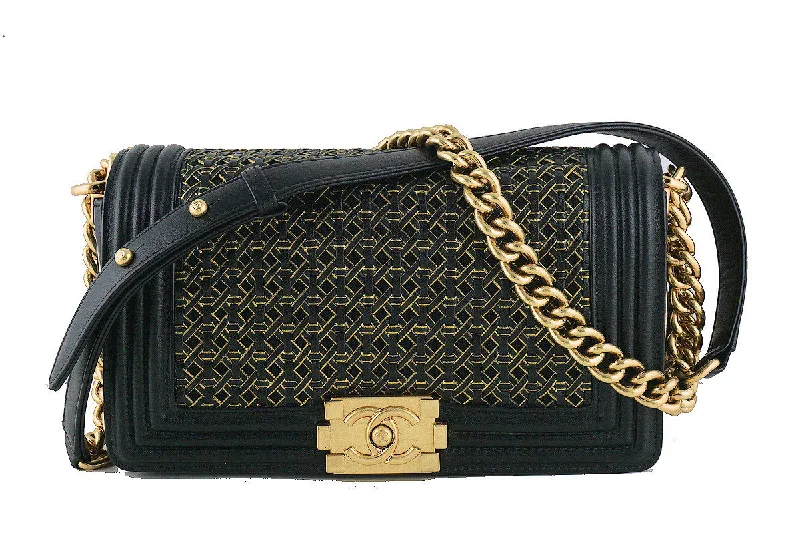 Chanel Black Medium Le Boy Gold-trimmed Rattan Flap Bag