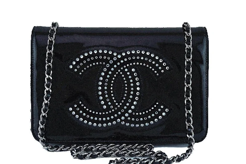 Chanel Black Patent Strass Crystals WOC Flap Wallet on Chain Purse Bag