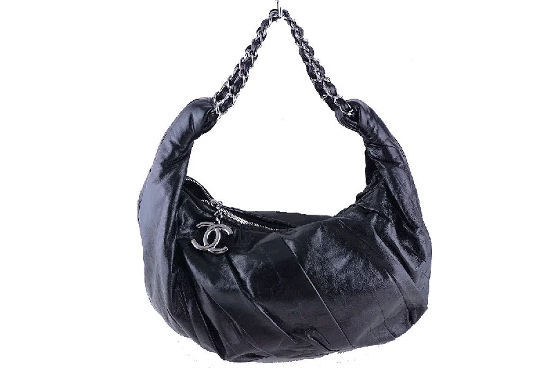 Chanel Black Ruched Luxury Hobo Tote Bag CC Charm