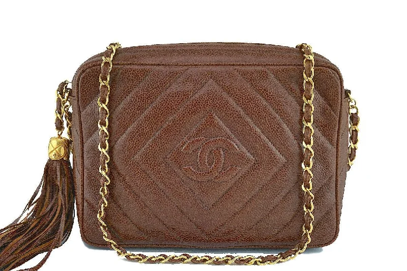 Chanel Caramel Brown Caviar Classic Quilted Camera Case Bag 24k Gold Plated