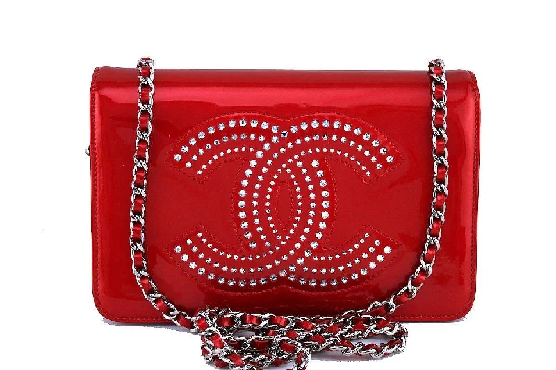 Chanel Cherry Red Patent Strass Crystals WOC Wallet on Chain Purse Bag