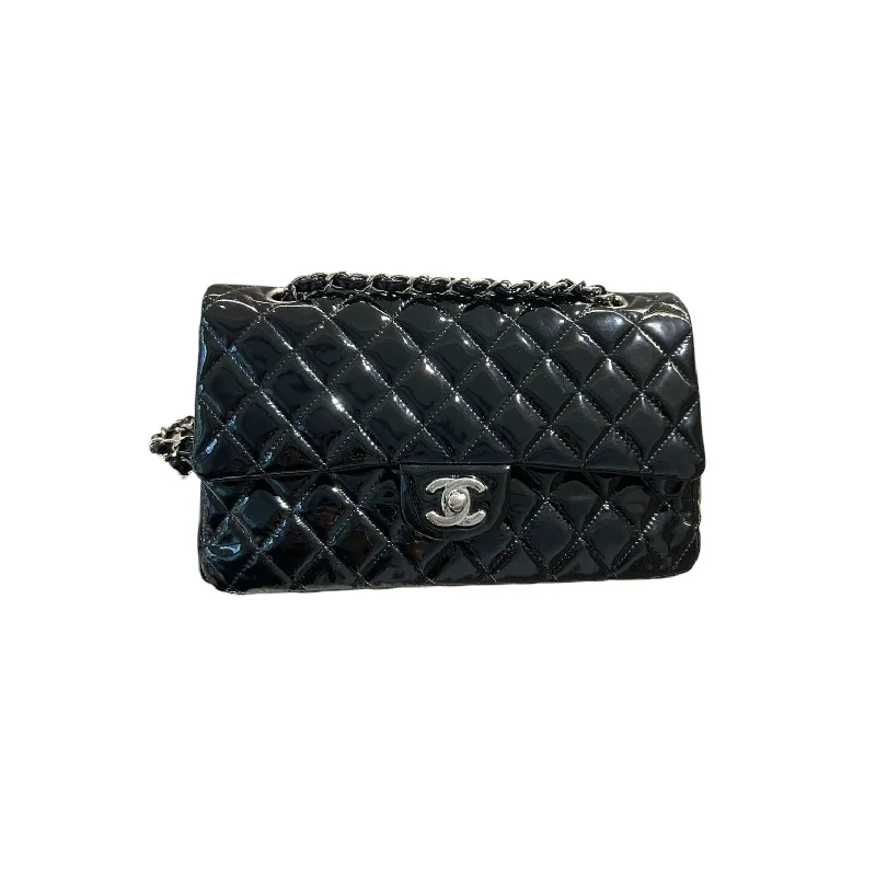 Classic Double Flap Medium Patent Quilted Black SHW