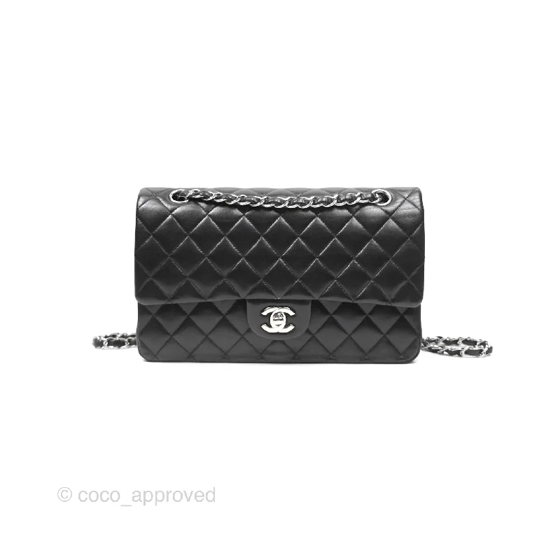 Chanel Classic M/L Medium Flap Quilted Black Lambskin Silver Hardware