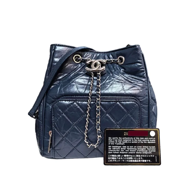 Drawstring Bag Small Aged Calfskin Quilted Blue SHW