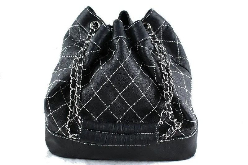 Chanel Drawstring Tote Bag Black Contrast Stitch Lambskin