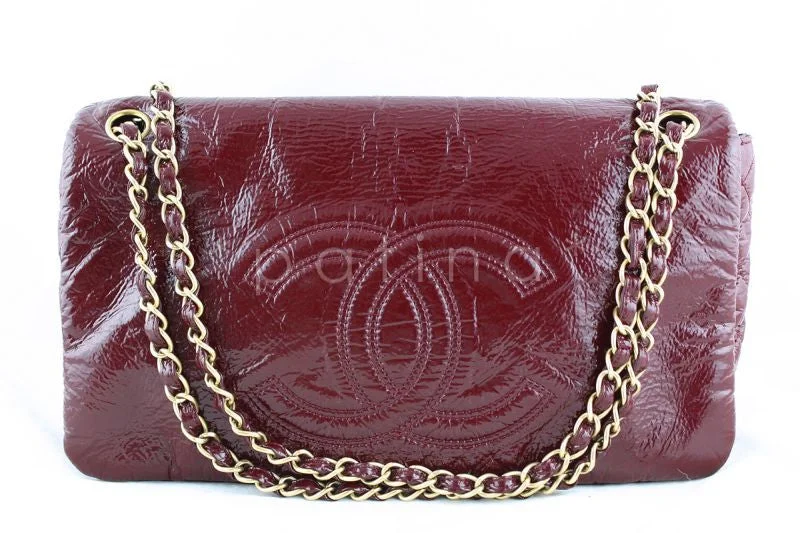 Chanel Jumbo Burgundy Red Patent Rock & Chain Classic Logo Flap Bag