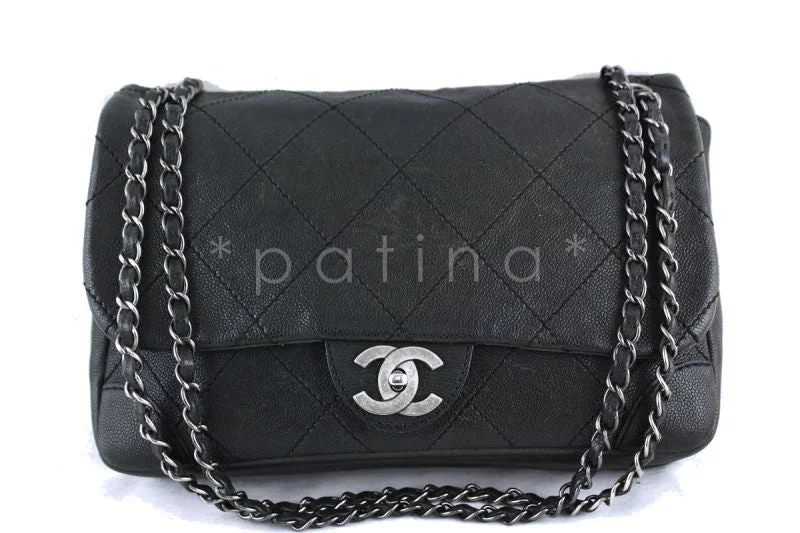 Chanel Jumbo Charcoal Gray Outdoor Ligne Distressed Caviar Classic Flap Bag