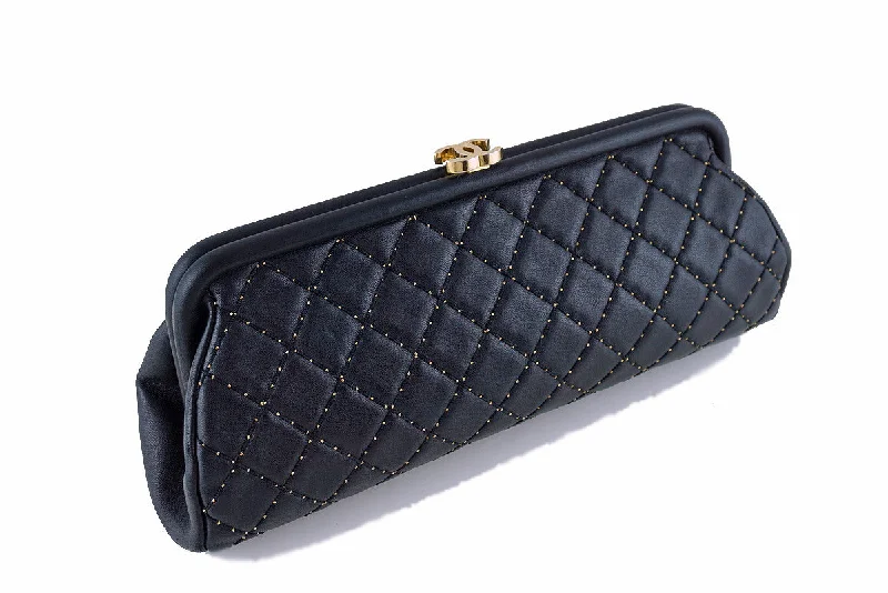 Chanel Limited Black Timeless Quilted Kisslock Gold Studded Clutch Bag