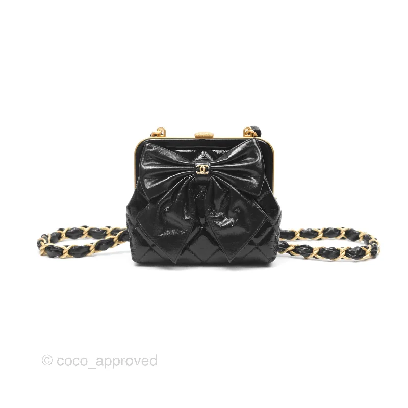 Chanel Mini Clutch With Chain Black Patent Crumpled Lambskin Gold Hardware 24A