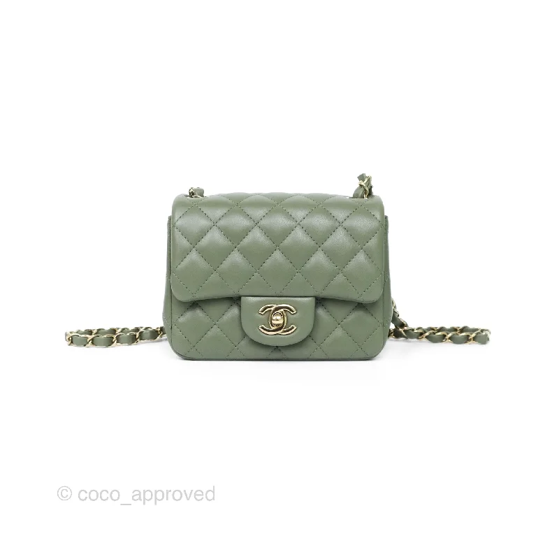 Chanel Mini Square Flap Quilted Olive Green Lambskin Gold Hardware