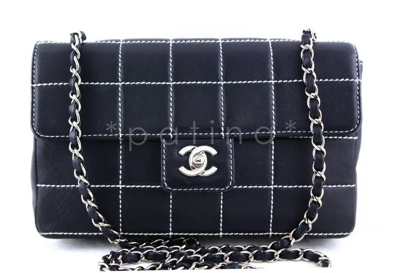 Chanel Navy 10in. Quilted Contrast Stitch Classic Flap Bag