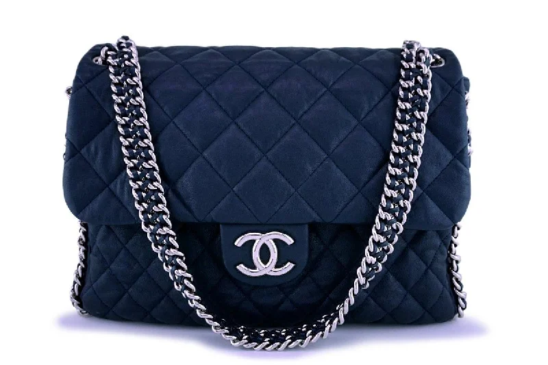 Chanel Navy Blue-Black Chain Around Maxi Luxe Flap Bag