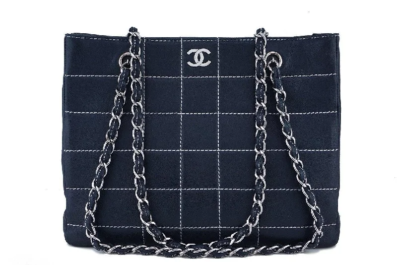 Chanel Navy Blue-Black Contrast Stitch Quilted Shopper Tote Bag