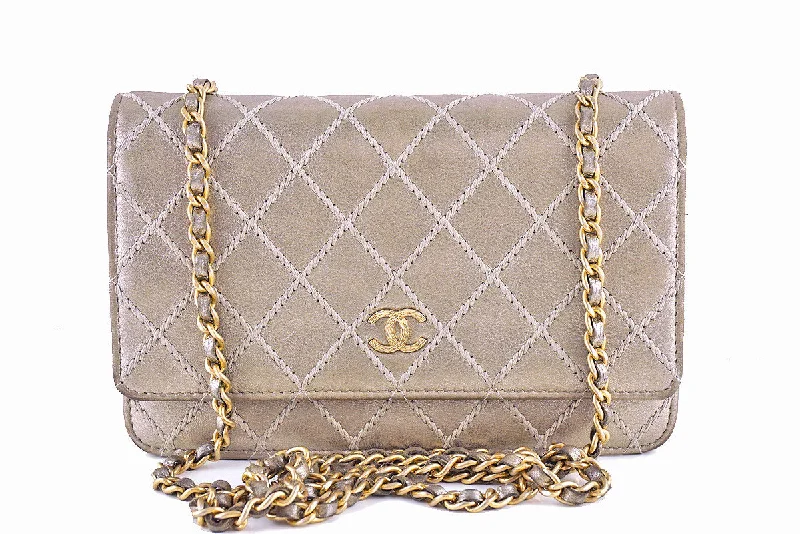 Chanel Pewter Gold Luxury Stitched Metallic WOC Wallet on Chain Bag