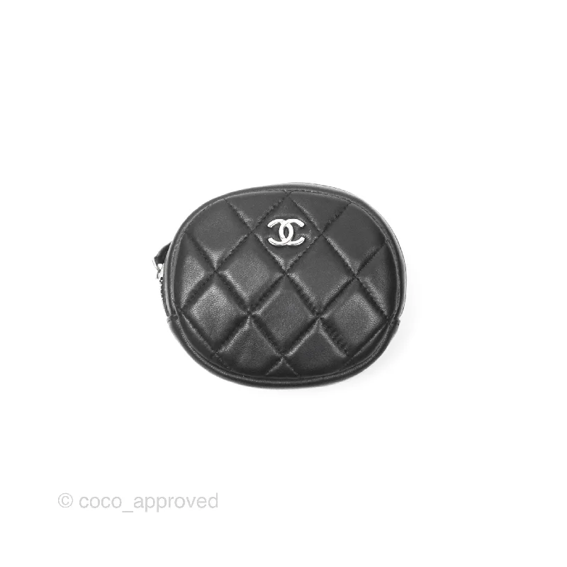 Chanel Quilted CC Round Coin Purse Black Lambskin Silver Hardware