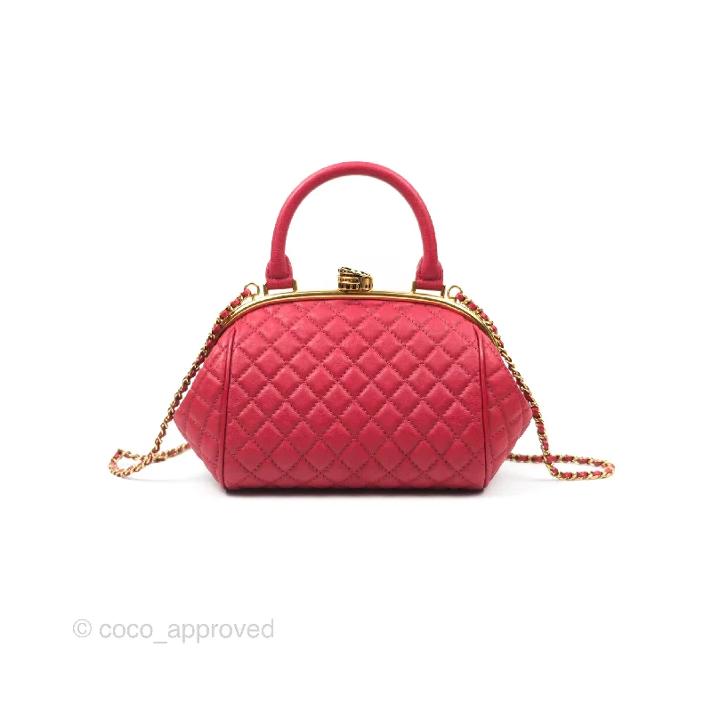 Chanel Quilted Kisslock Handbag With Chain Red Calfskin Gold Hardware