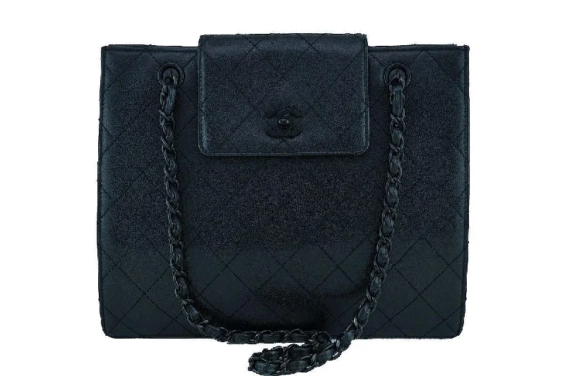 Chanel So Black Caviar Medium Quilted Classic Tote Bag Flap Closure