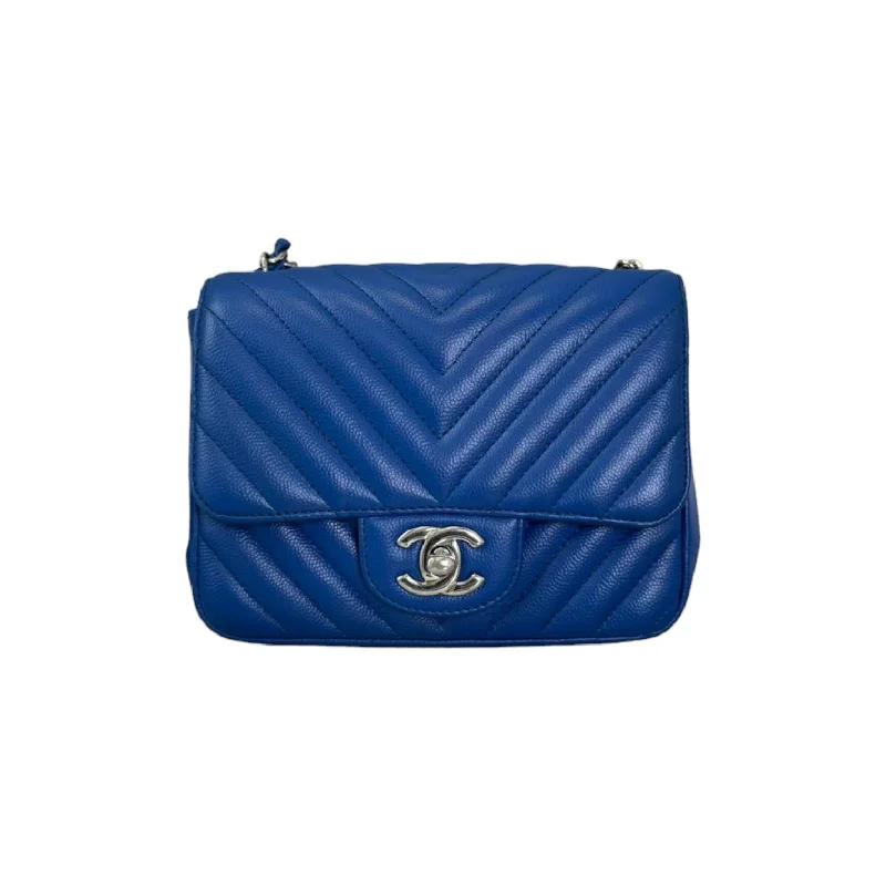 Square Flap Mini Caviar Chevron Quilted Blue SHW