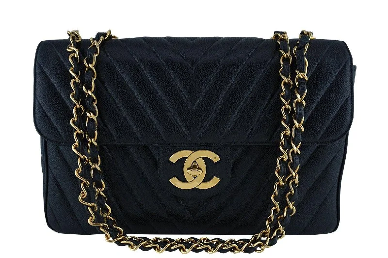 Chanel Vintage Black Caviar Chevron Maxi Classic Jumbo XL Flap Bag