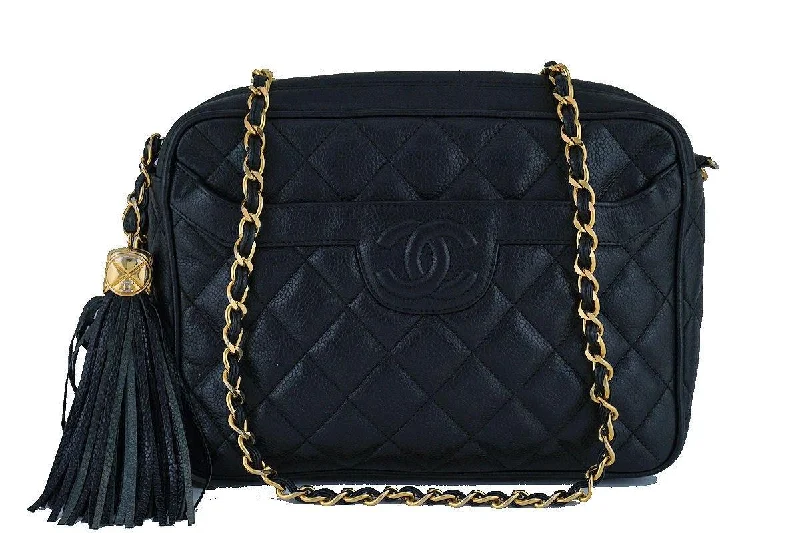 Chanel Vintage Black Caviar Classic Quilted Camera Case w Pocket Bag