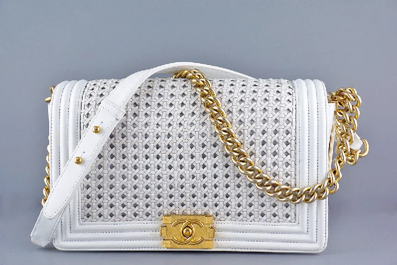 Chanel White Le Boy Gold-trimmed Rattan Flap Bag