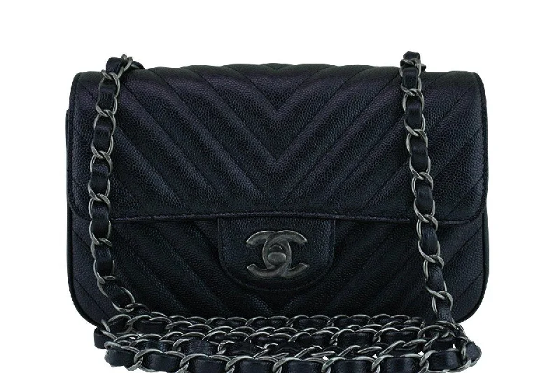 New 17B Chanel Iridescent Black Chevron Caviar Classic Mini 2.55 Flap Bag