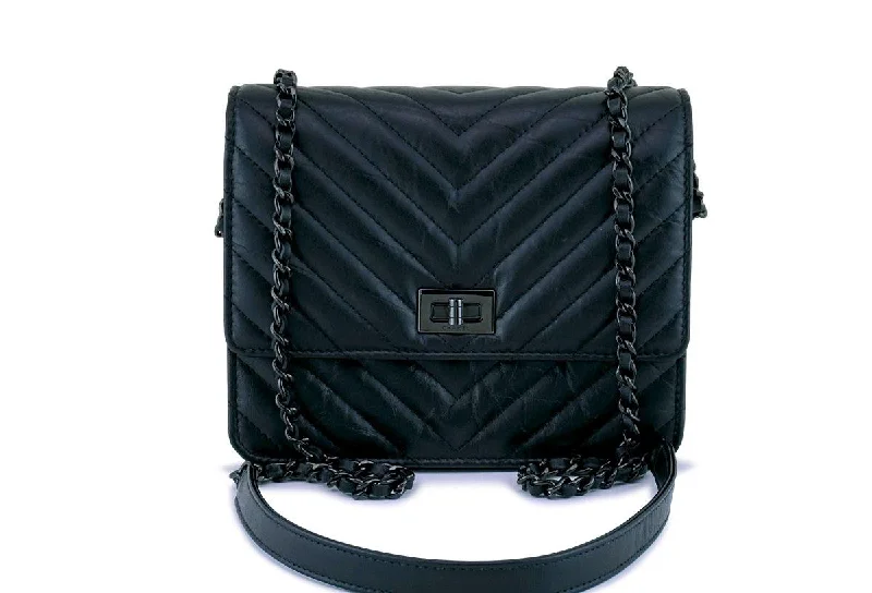 New 17K Chanel So Black Chevron Reissue Square WOC Wallet Chain Flap Bag