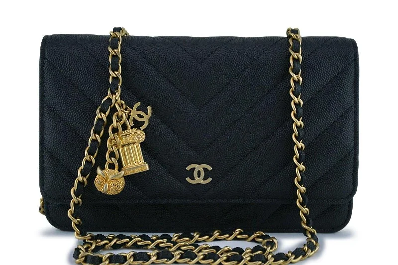 New Chanel Black Caviar Chevron Charms WOC Wallet on Chain Flap Bag