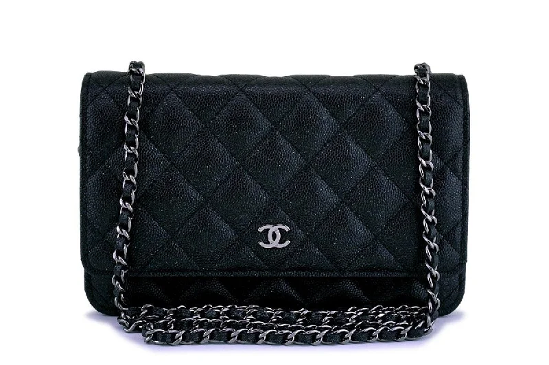 New Chanel Black Iridescent Caviar Classic Quilted WOC Wallet on Chain Flap Bag