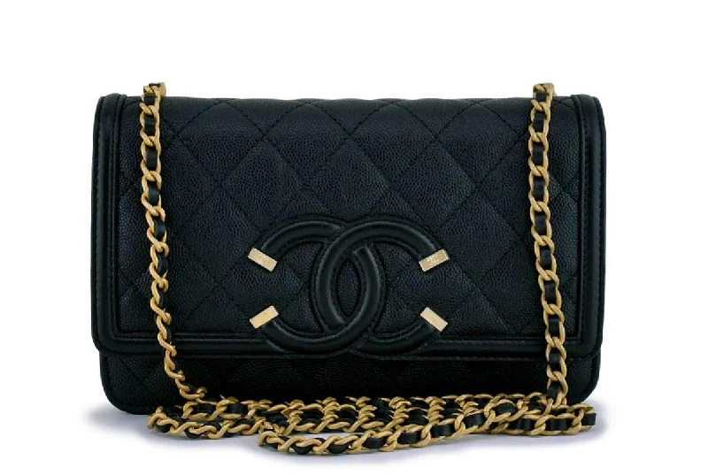 NIB Chanel Black Caviar Filligree WOC Wallet on Chain Flap Bag GHW