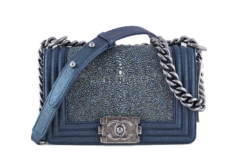 NWT 15P Rare Chanel Pearly Blue Stingray Le Boy Classic Flap Bag