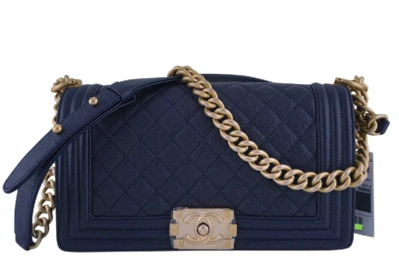 NWT 17A Chanel Navy Blue Caviar Boy Flap Bag GHW