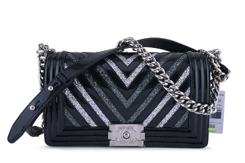 NWT 17K Chanel Black Glitter Chevron Patent Boy Flap Medium Bag