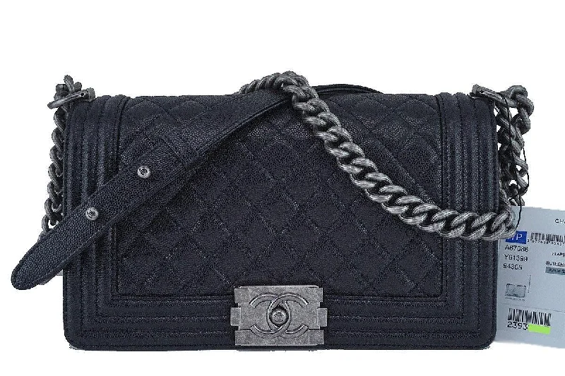 NWT 17P Chanel Black Le Boy Classic Flap, Medium Caviar Bag, RHW