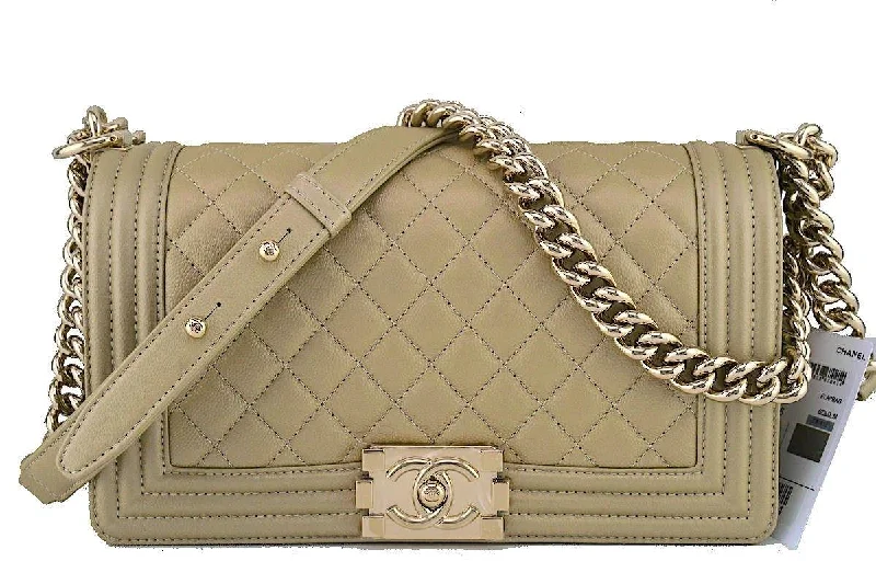 NWT 17S Chanel Pale Gold Le Boy Classic Flap, Medium Caviar Bag