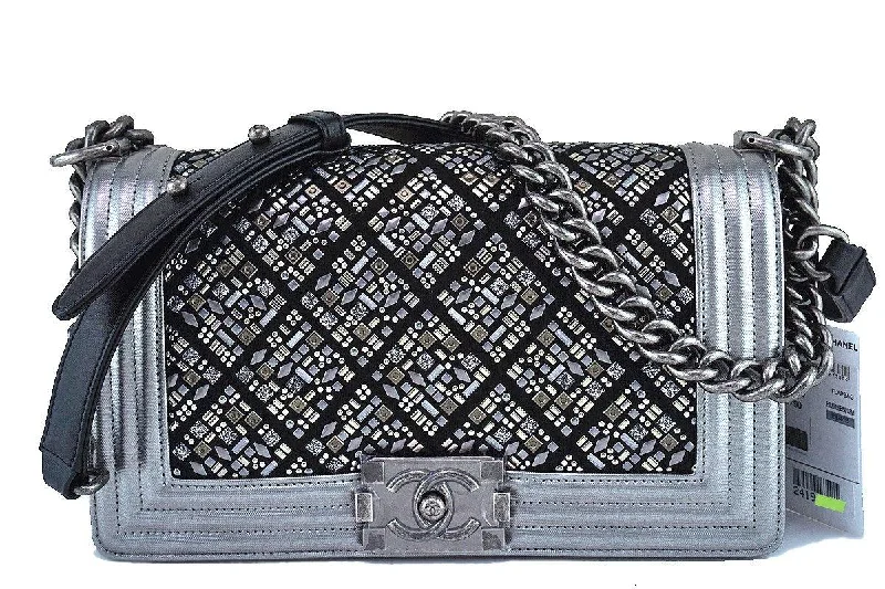 NWT 17S Chanel Silver Medium Classic Boy Embellished Flap Bag