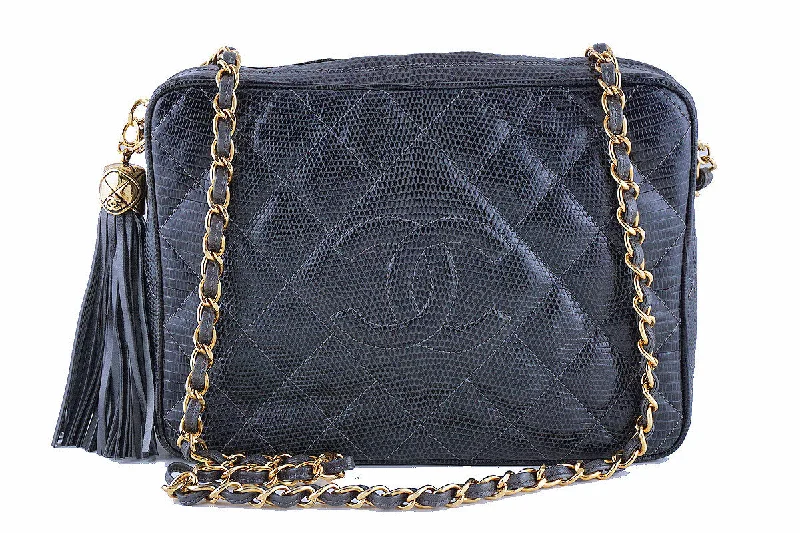 Pristine Chanel Vintage Lizard Gray Classic Quilted Camera Case Bag, Rare Condition