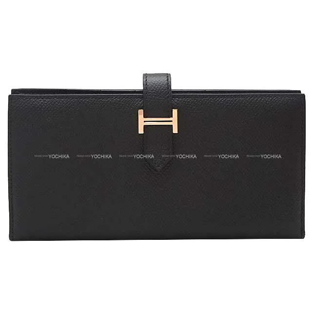 [Pre-loved] HERMES long wallet Bearn Soufflet Noir (Black) Veau Epsom Gold HW Stamp Z[LIKE NEW][Authentic]